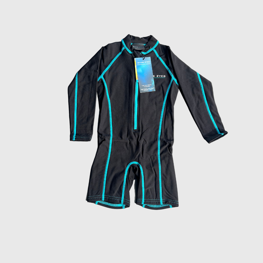 Toddlers Black Thermal Springsuit with neon blue stitching