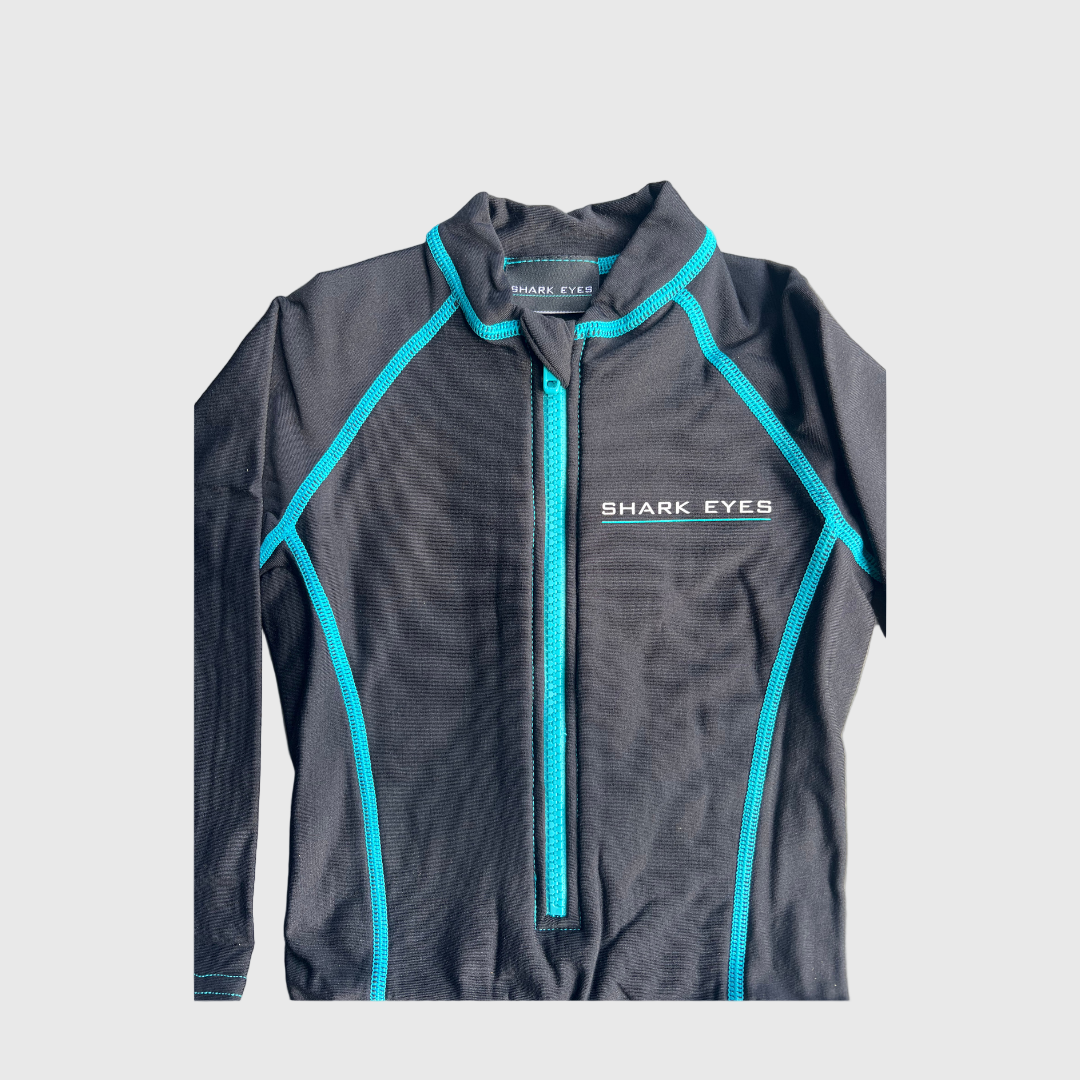 Shark Eyes groms thermal springsuit, black-neon-blue — back view, warm thermal springsuit