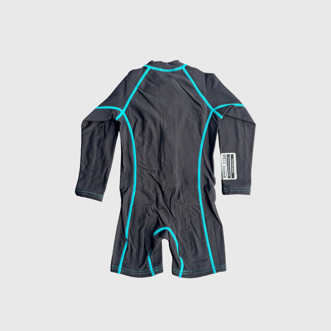 Shark Eyes groms thermal springsuit in black-neon-blue — rendered front, 1.5mm warm springsuit
