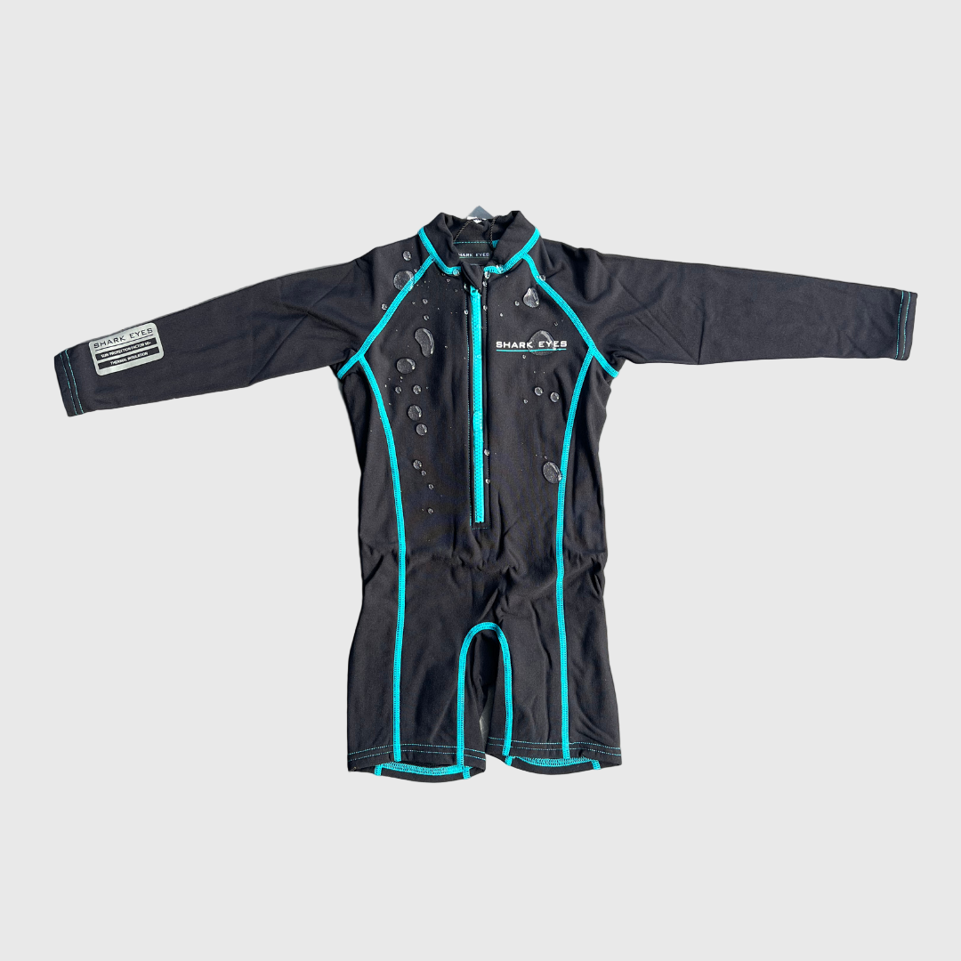 Shark Eyes groms thermal springsuit, black-neon-blue — front view, 1.5mm thermal springsuit