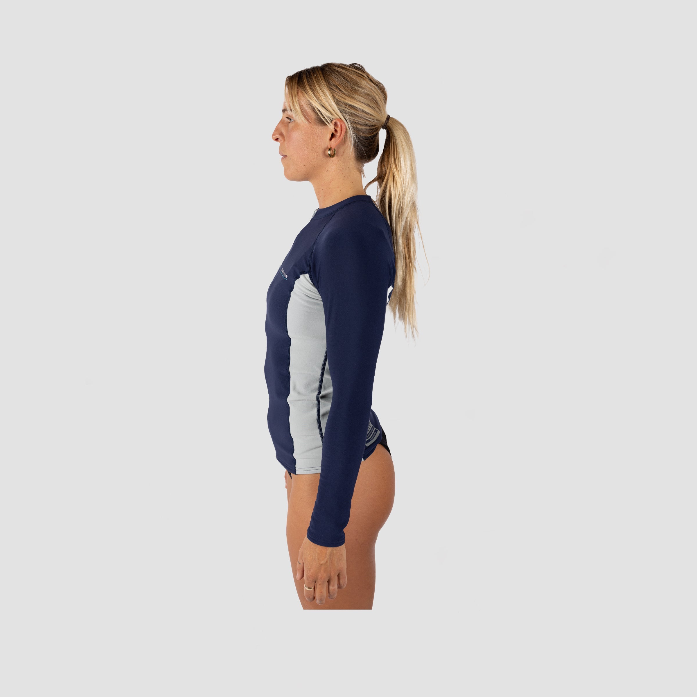 Shark Eyes womens thermal rash vest, navy-silver — side view, flexible thermal rashie