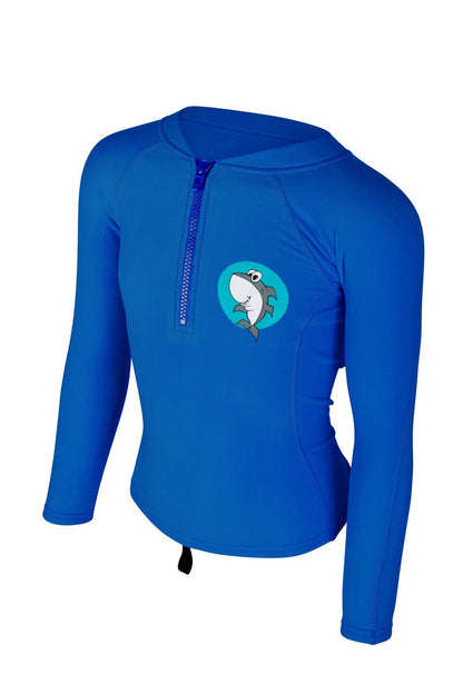 Groms in Shark Eyes thermal rash vest, back view — cold water surfing