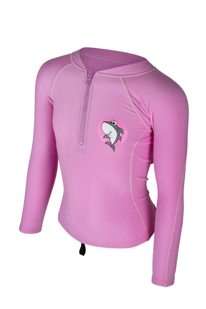 Groms in Shark Eyes thermal rash vest, back view — cold water surfing