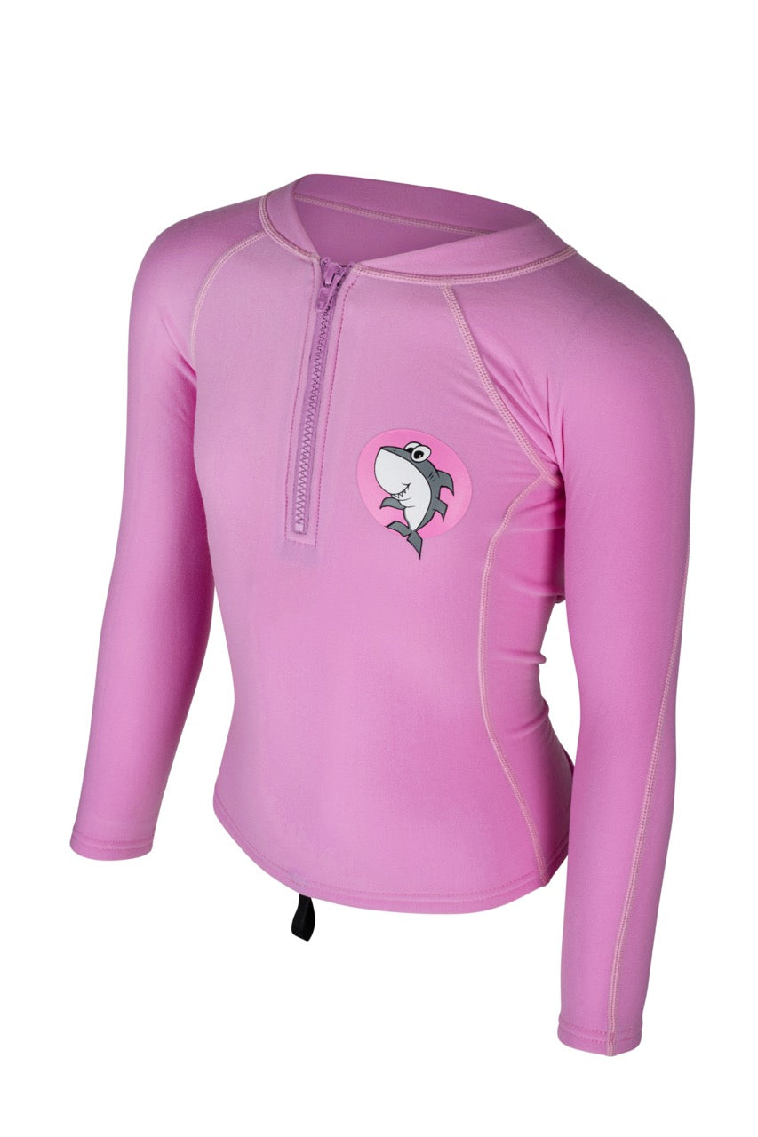 Groms in Shark Eyes thermal rash vest, back view — cold water surfing