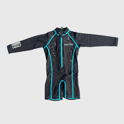 Shark Eyes groms thermal springsuit, black-neon-blue — front view, 1.5mm thermal springsuit