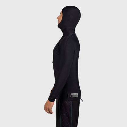 Shark Eyes mens hooded thermal rash vest, black — front-side view, hooded rashie