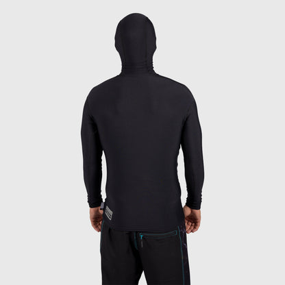 Back view of Shark Eyes mens hooded thermal rash vest, black — sun protection hood