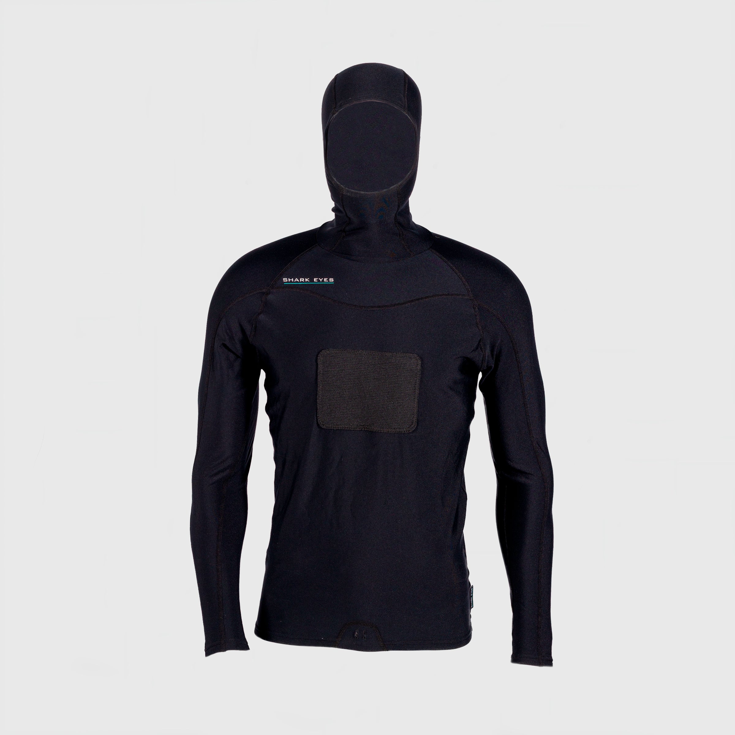 Shark Eyes mens 1.5mm hooded thermal rash vest, black — second angle front view