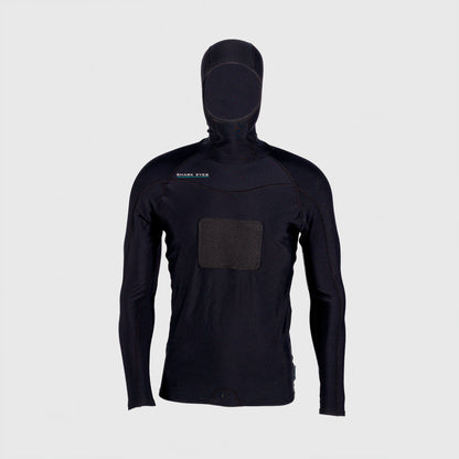 Shark Eyes mens 1.5mm hooded thermal rash vest, black — second angle front view