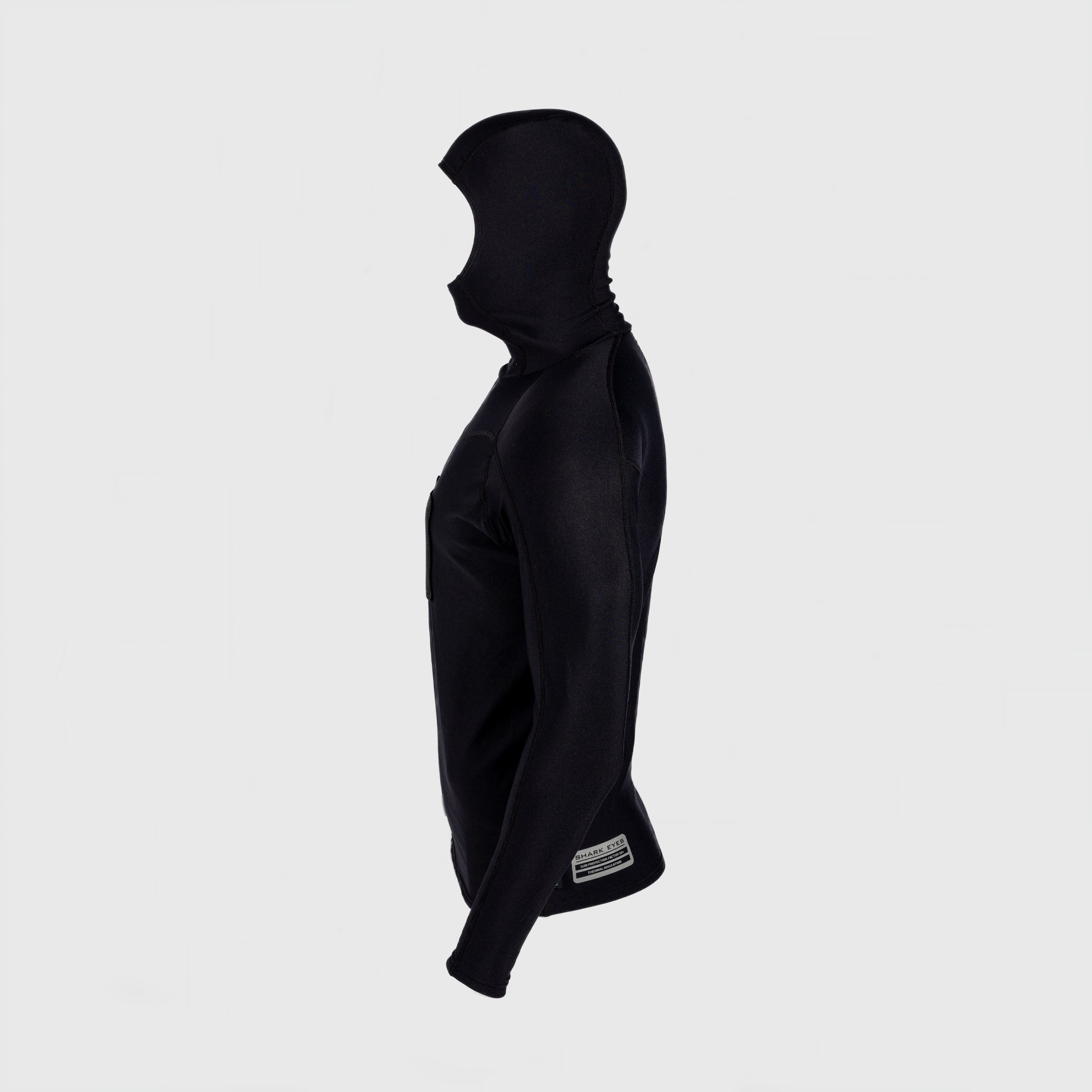 Shark Eyes mens hooded thermal rash vest, black — alternate side view, 1.5mm rashie