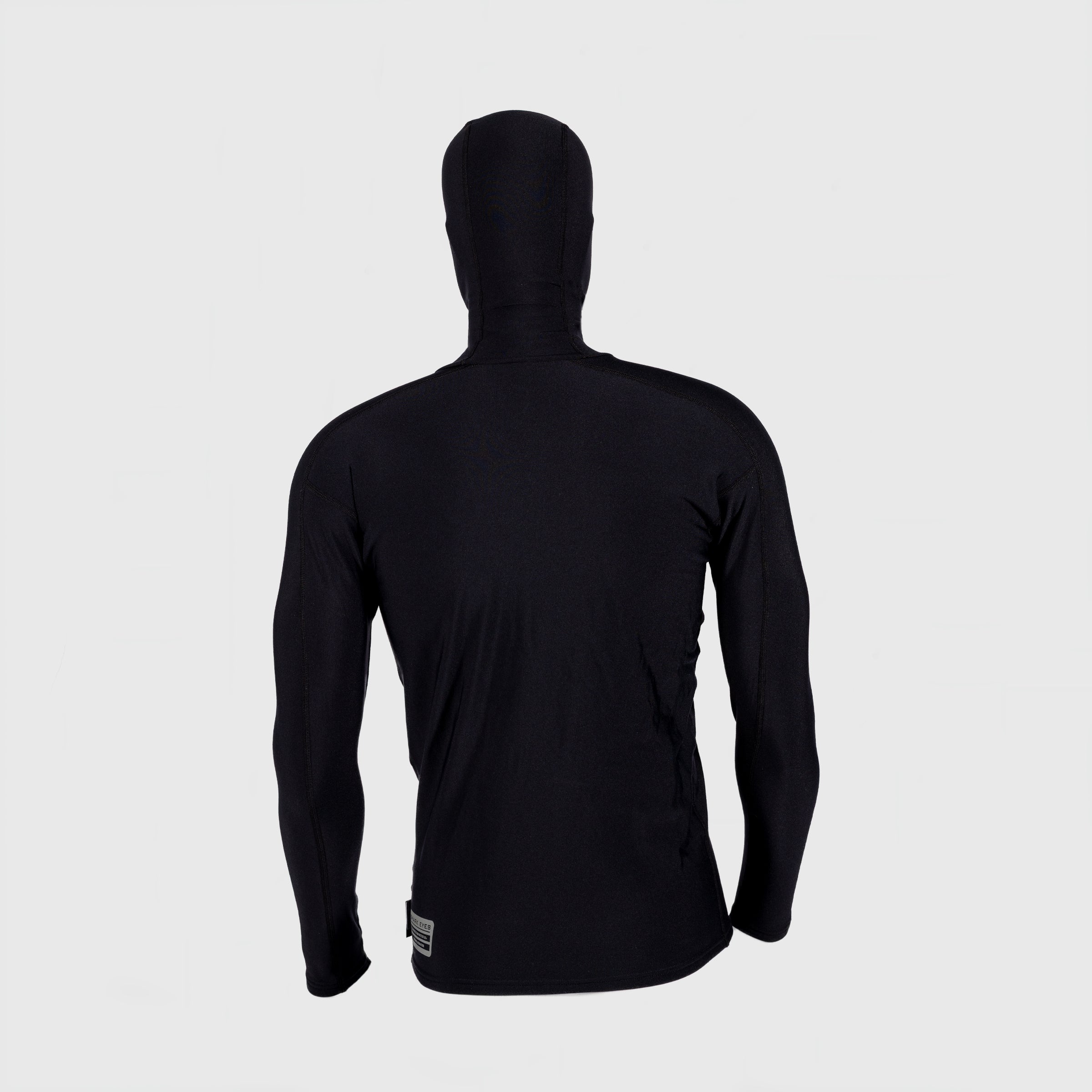 Back detail, Shark Eyes mens hooded thermal rash vest, black — thermal rashie