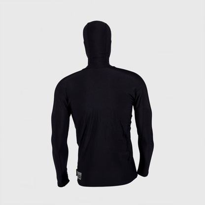 Back detail, Shark Eyes mens hooded thermal rash vest, black — thermal rashie
