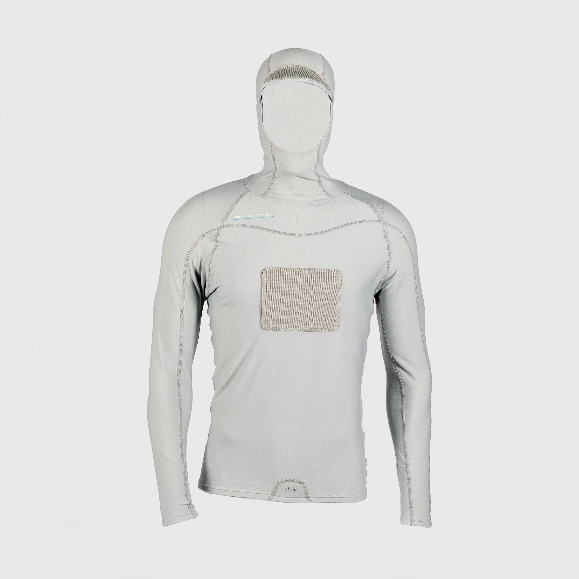 Shark Eyes mens peaked hooded thermal rash vest, silver — front view, hooded rashie