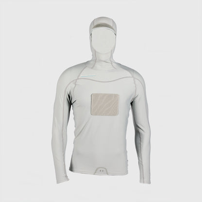 Shark Eyes mens peaked hooded thermal rash vest, silver — front view, hooded rashie