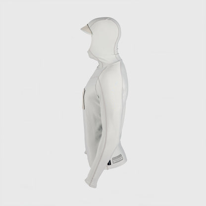 Back-side view of Shark Eyes mens peaked hooded thermal rash vest, silver — rashie