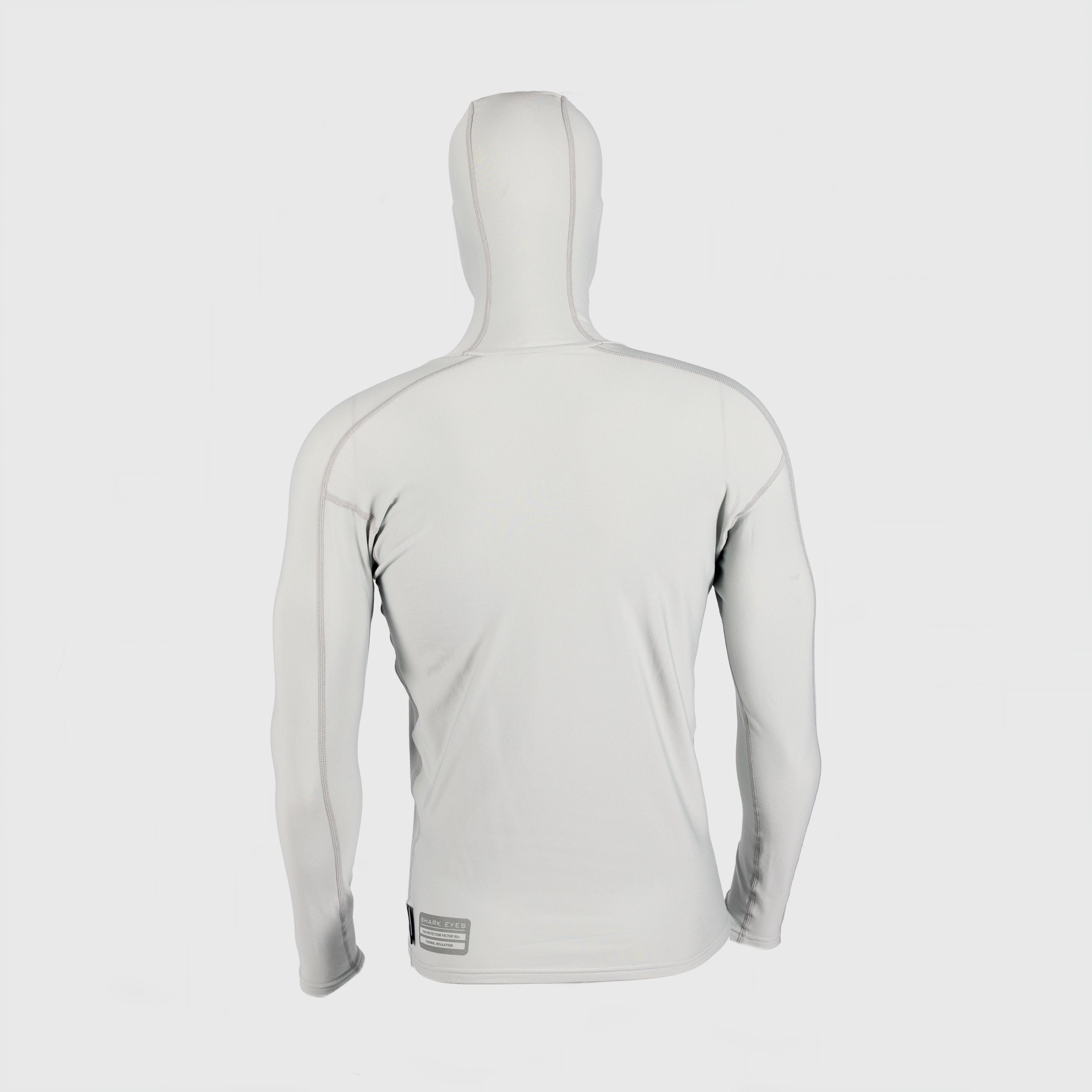 Back view of Shark Eyes mens peaked hooded thermal rash vest, silver — warm rashie