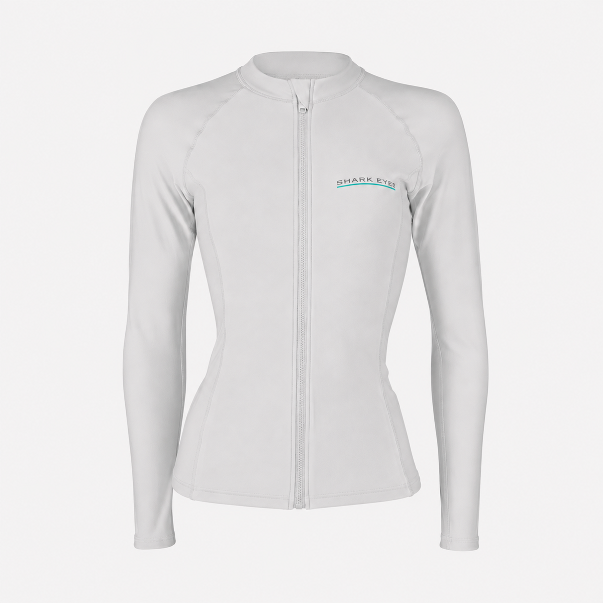 Shark Eyes womens 1.5mm front zip thermal rash vest, silver, front view with YKK zip