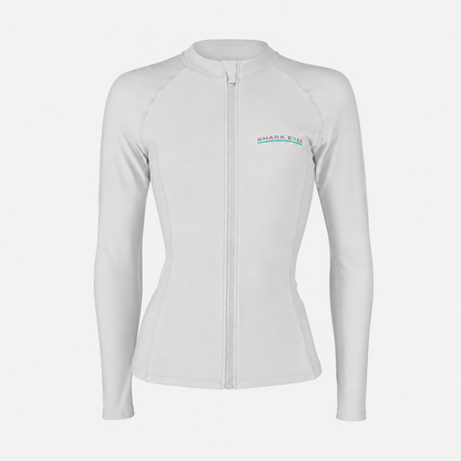 Shark Eyes womens 1.5mm front zip thermal rash vest, silver, front view with YKK zip