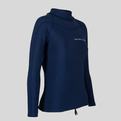 Womens in Shark Eyes thermal rash vest, back view — cold water surfing