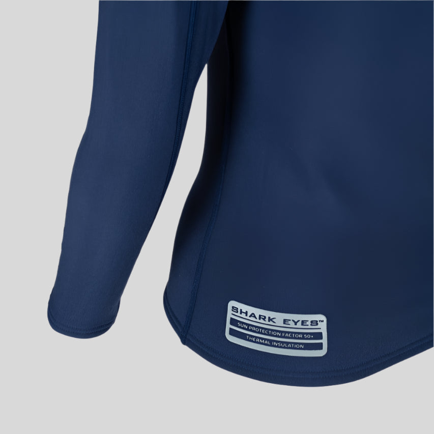 Womens surfing in Shark Eyes thermal rash vest, navy — warm rashie for cold water