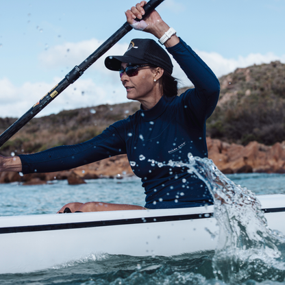 Shark Eyes womens thermal rash vest in navy — rendered front, 1.5mm warm rashie