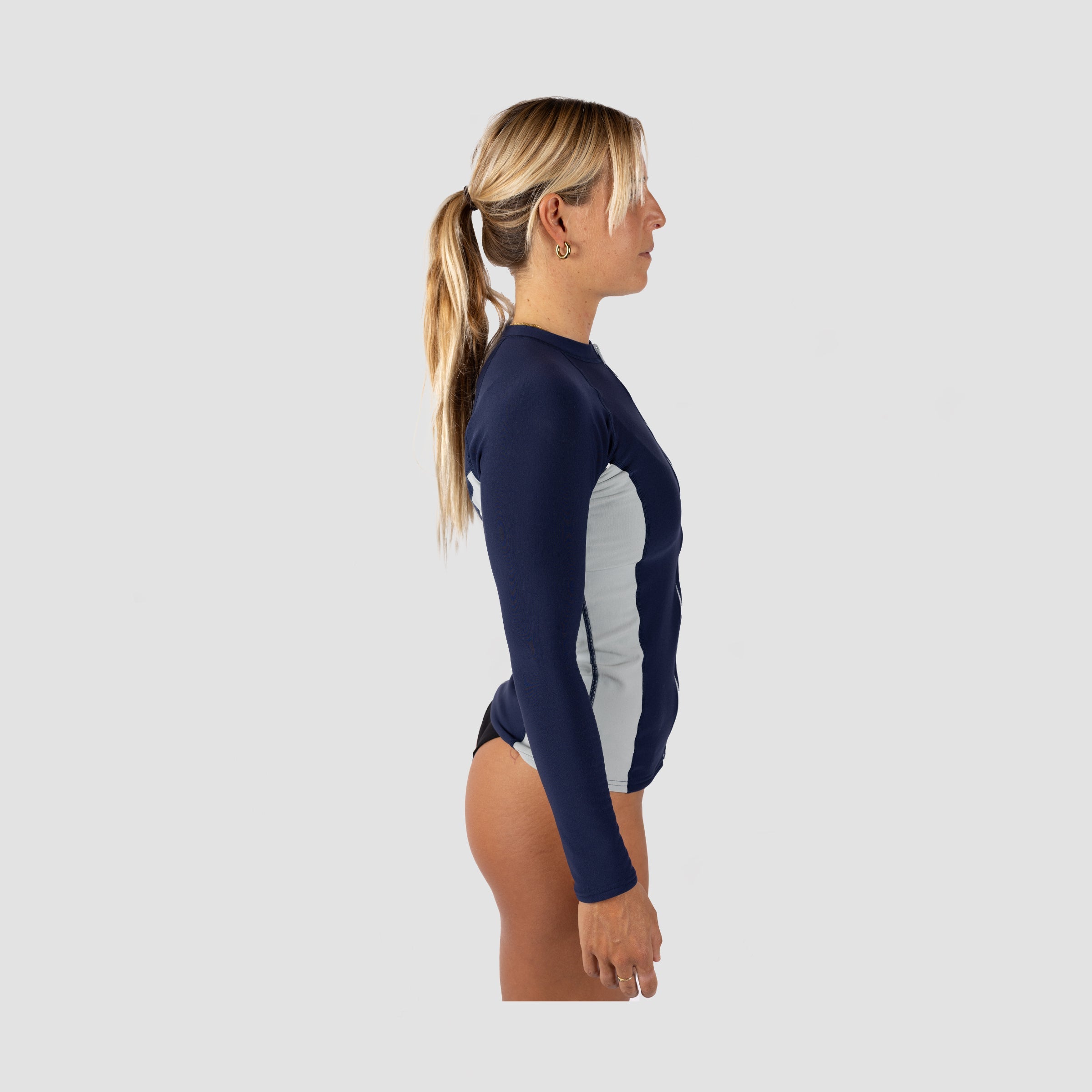 Shark Eyes womens thermal rash vest, navy-silver — back view, warm thermal rashie