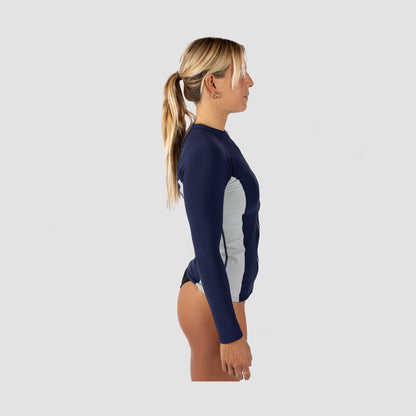 Shark Eyes womens thermal rash vest, navy-silver — back view, warm thermal rashie