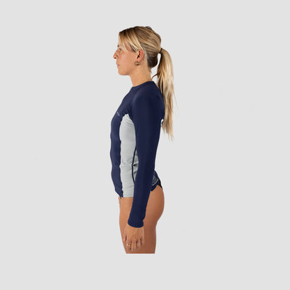Shark Eyes womens thermal rash vest, navy-silver — side view, flexible thermal rashie