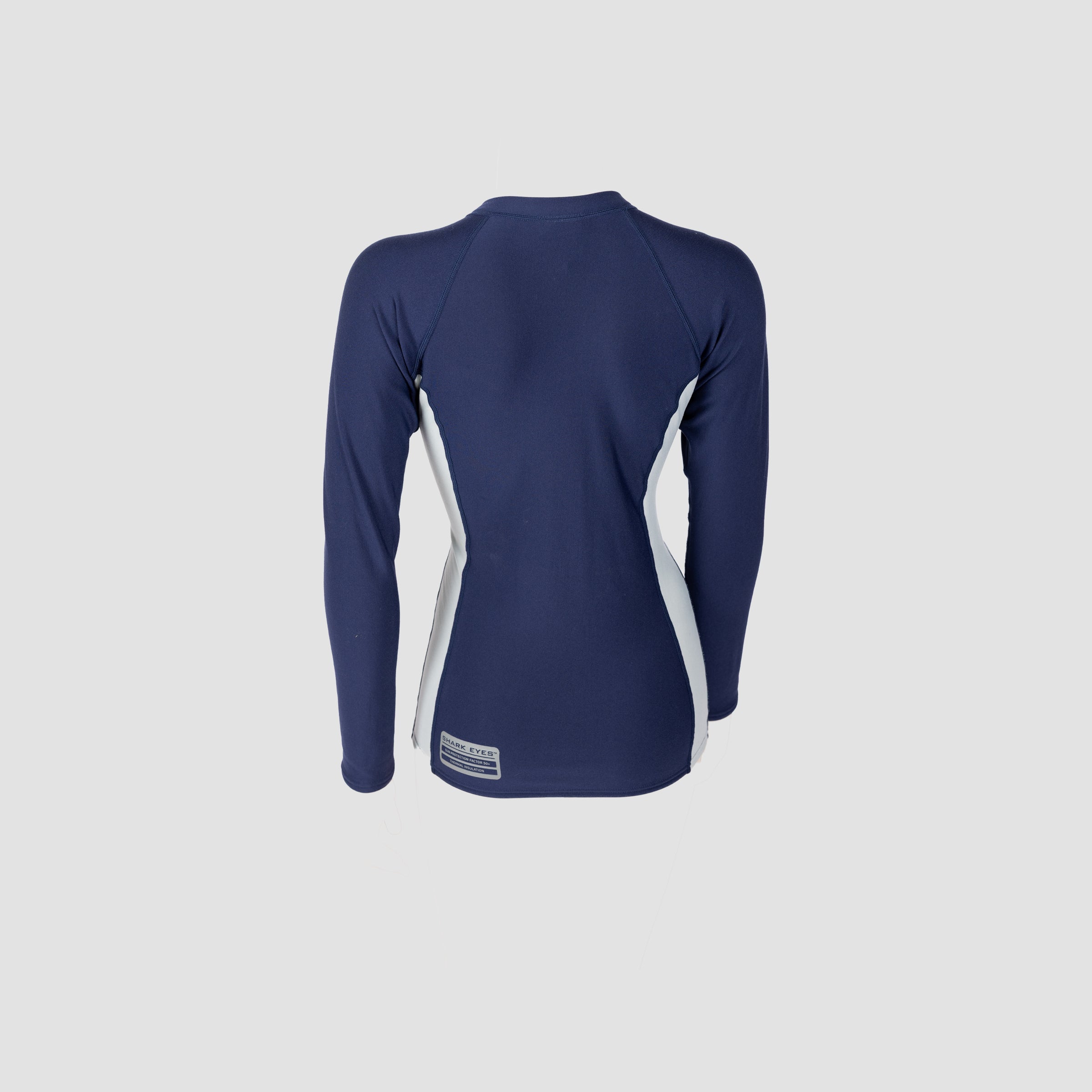 Shark Eyes womens thermal rash vest in navy-silver — rendered front, 1.5mm warm rashie