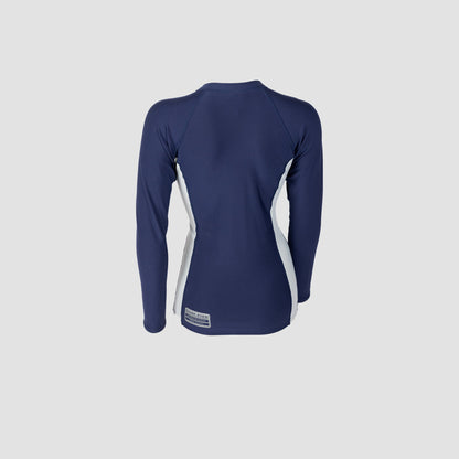 Shark Eyes womens thermal rash vest in navy-silver — rendered front, 1.5mm warm rashie