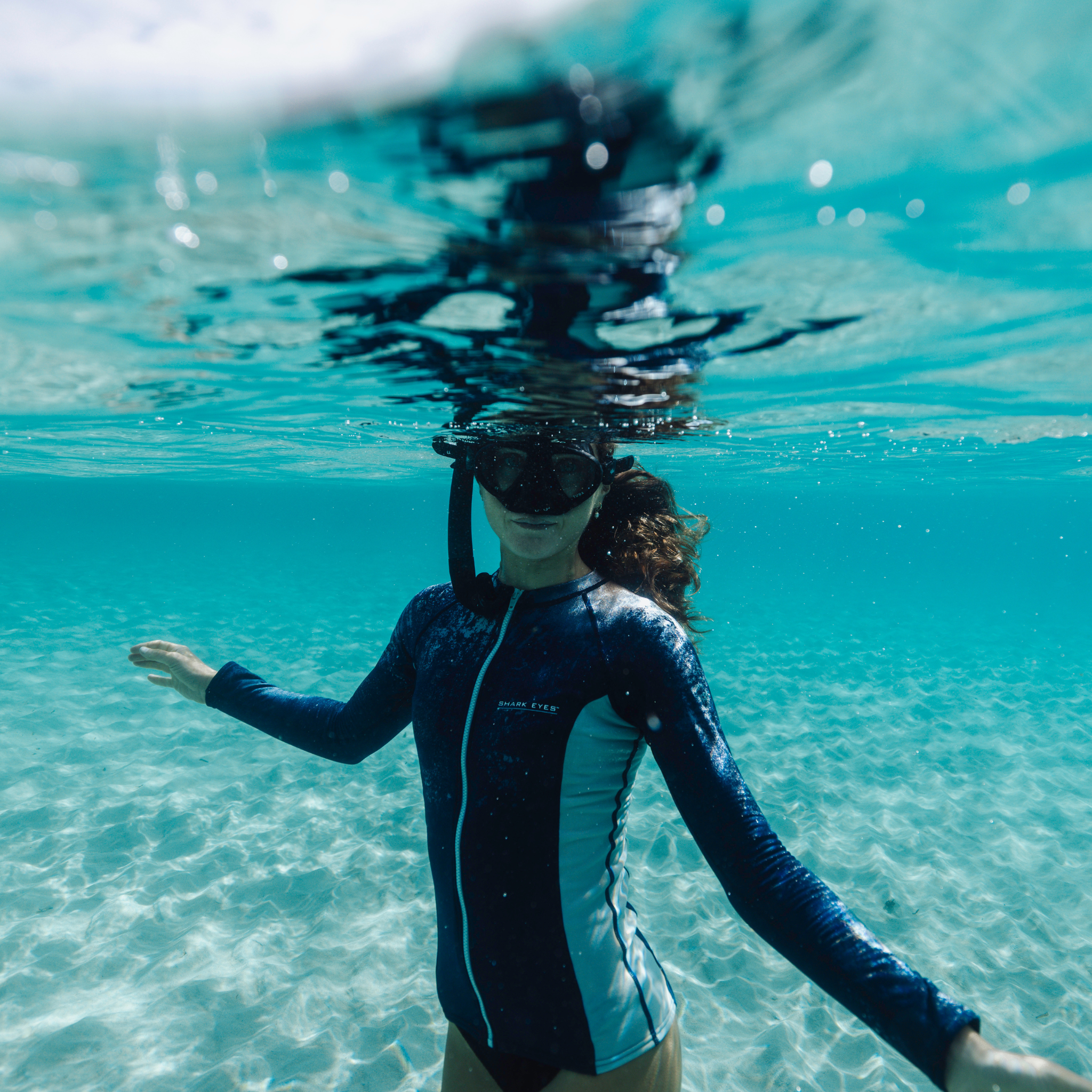 Shark Eyes womens thermal rash vest, navy-silver — studio view, 1.5mm thermal rashie