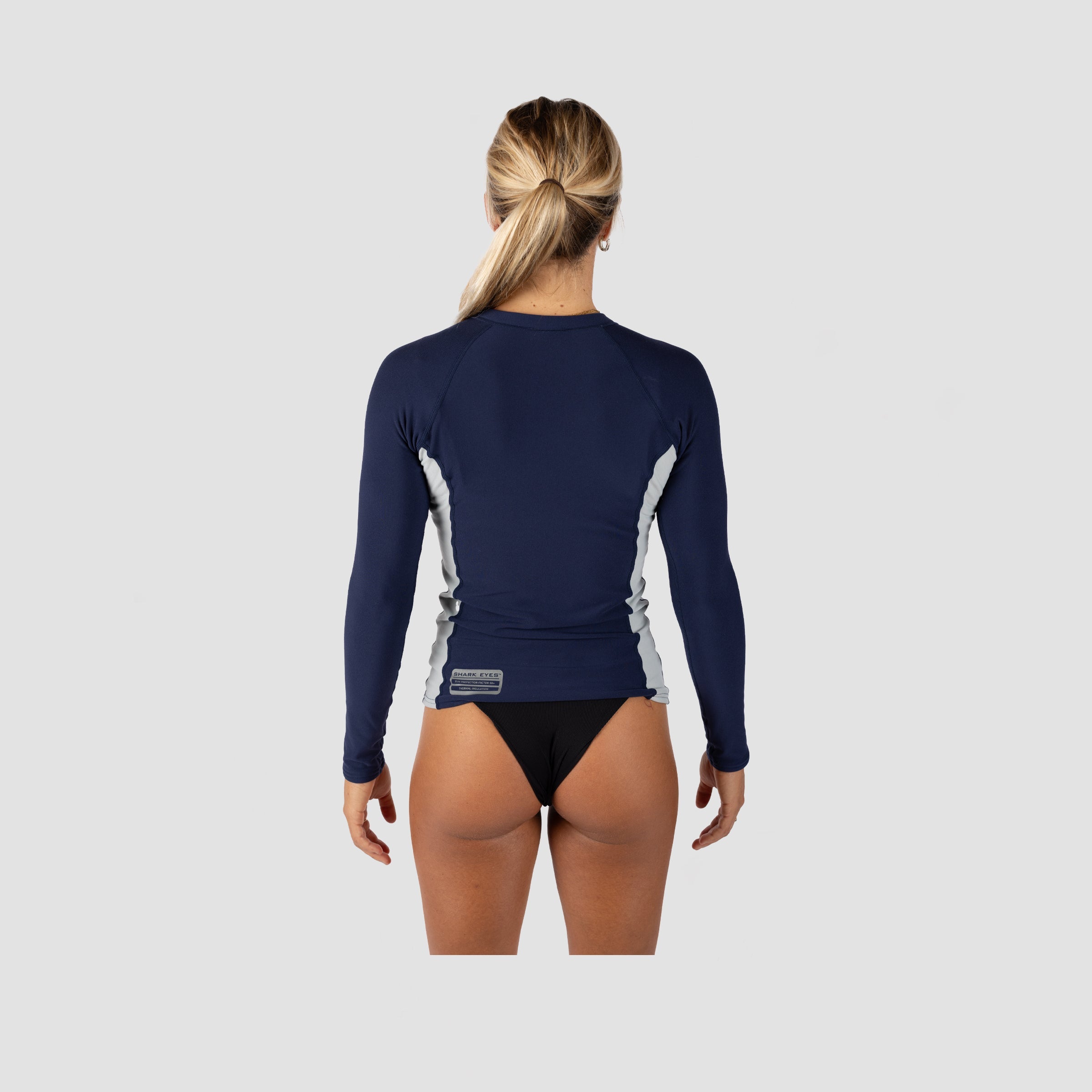 Shark Eyes womens thermal rash vest, navy-silver — front view, 1.5mm thermal rashie